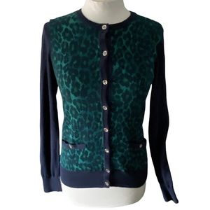 Ann Taylor button down cardigan, size small, cotton/rayon blend, green & blue